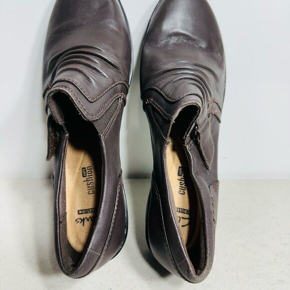 Clarks Everlay Coda Dark Brown Leather Ruched Slip On Shoes Sz 7 - Picture 5 of 7